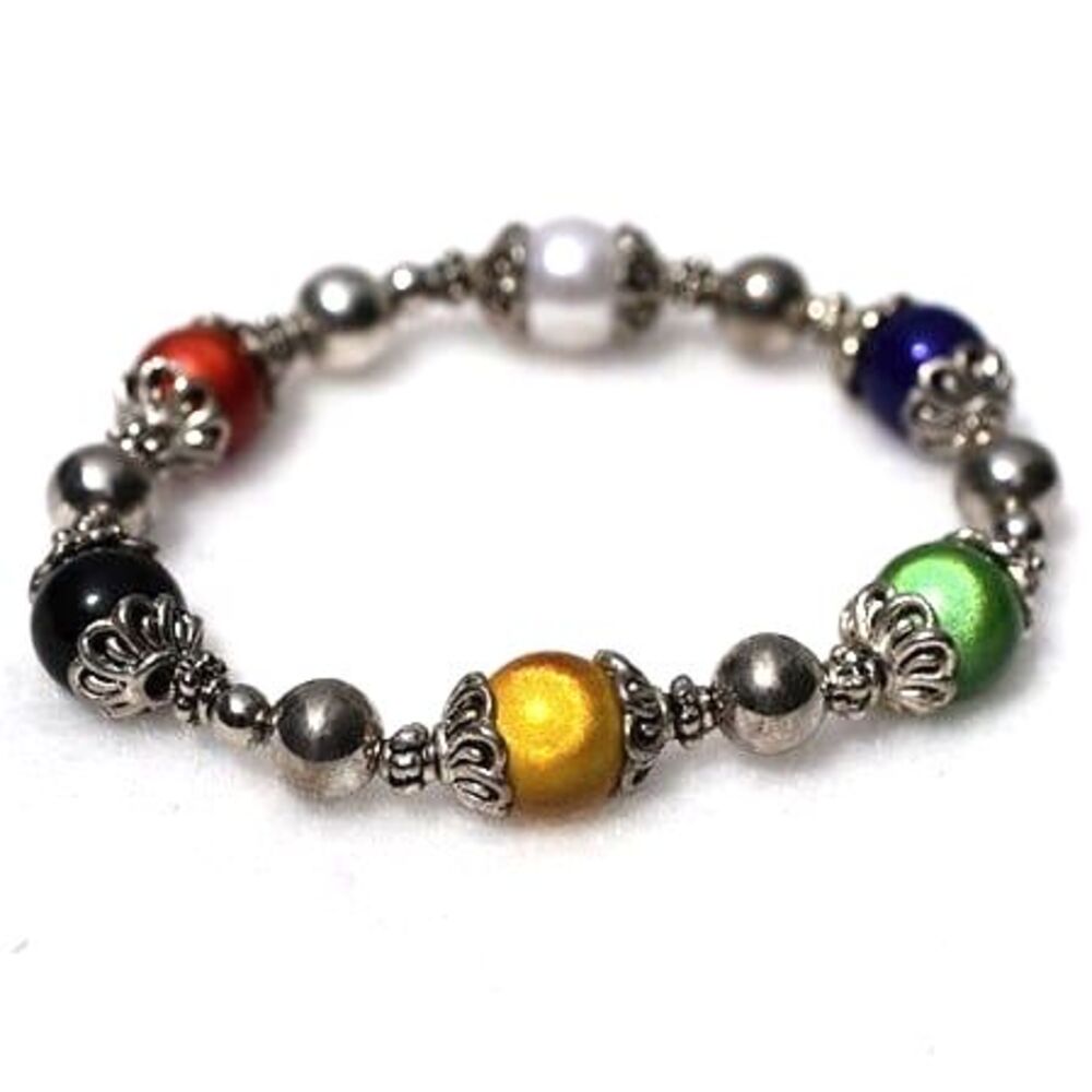 Vintage Multi Color/ Silver Tone Beads/Spacers 5" Stretch Gothic Bracelet